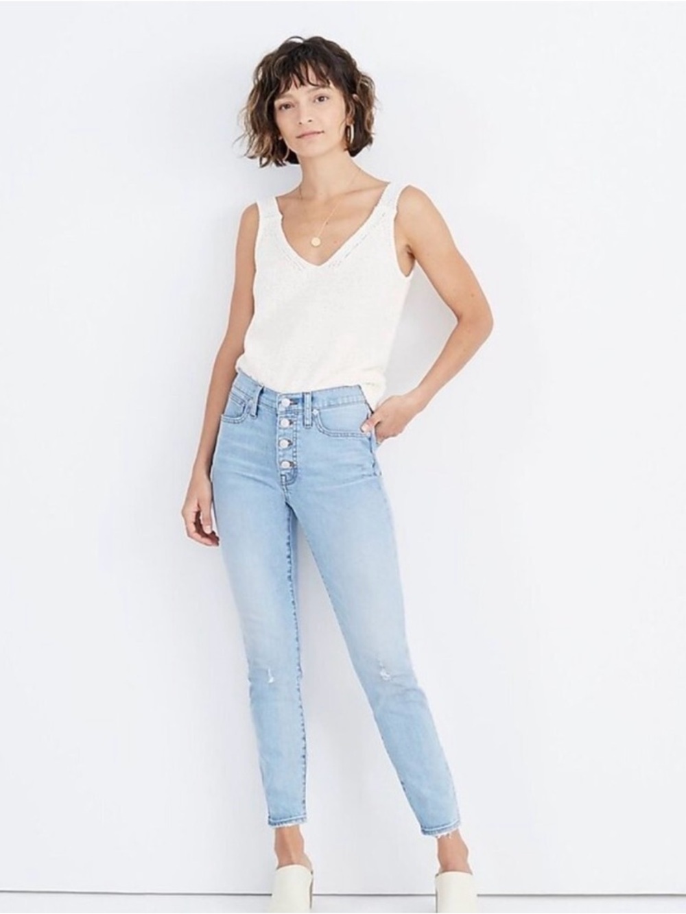 Madewell 9" Denim High Rise Crop Distressed Jeans Exposed Button-Front Size 32